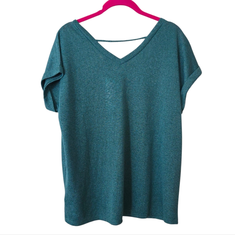 NWT Bobeau Space Dye Rolled Cuff Relaxed Shortsleeve Shirt Teal Green - Picture 2 of 4